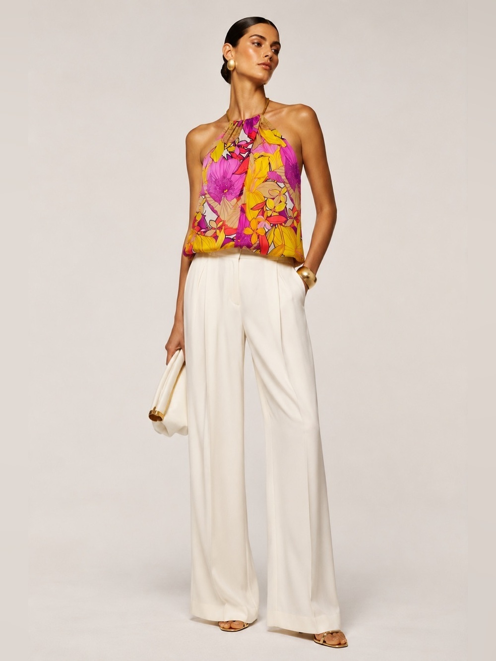 Trina Turk silk bold floral 70s inspired luxury resort gold chain halter top.